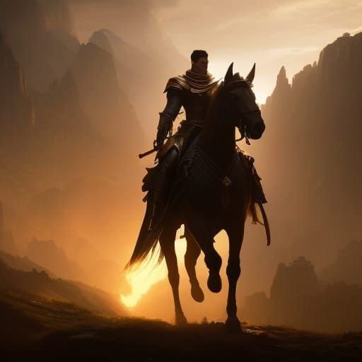 Golden Knight on Horse in Dark Fantasy Style