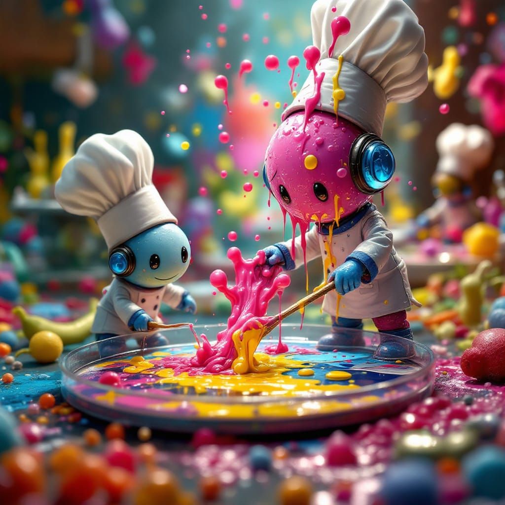 Chibi Microbe Chefs Paint Abstract Mural in Petri Dish