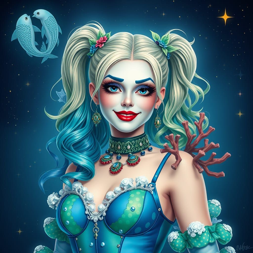 Harley Quinn as Enchanted Zodiac Sign Pisces in Vibrant Ocea...