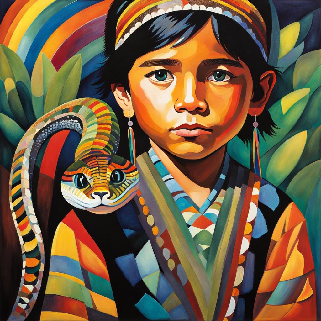 Native American Boy with Rainbow Serpent Acrylic Painting