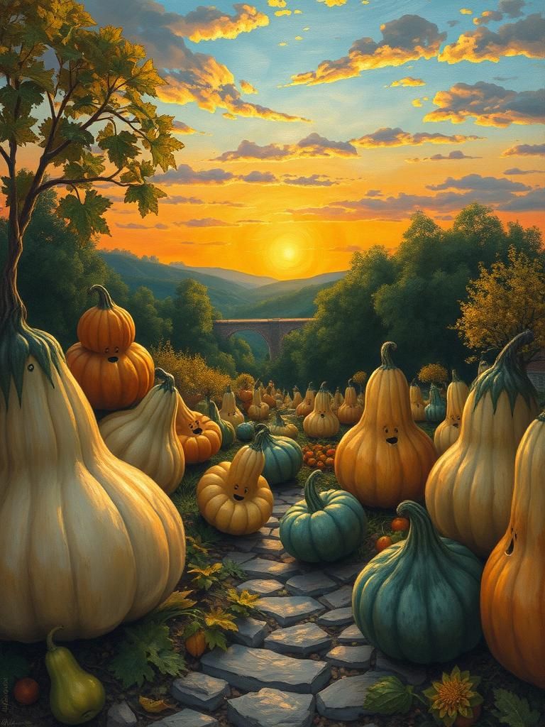 Gourd Harvest Festival: Impressionist Landscape at Sunset