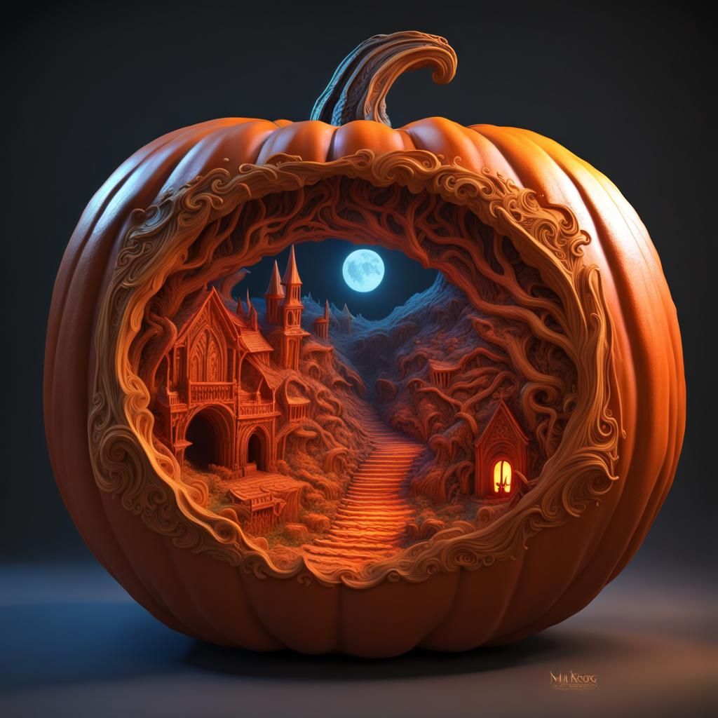 Intricate Hellscape Carved Inside a Fantasy Pumpkin