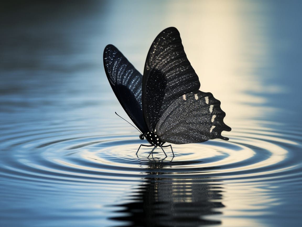 Shimmering Black Butterfly in Serene Water Setting