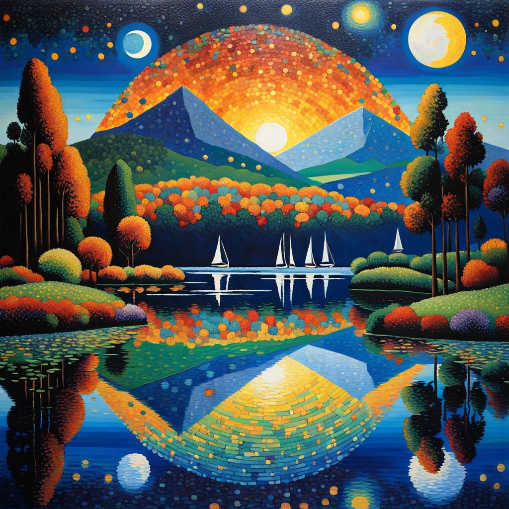 surreal pointillism lake landscape