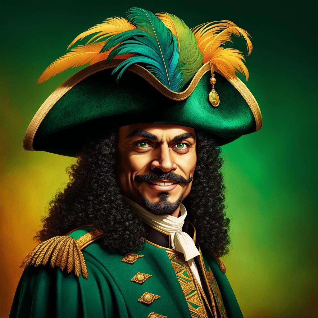 Cavalier Portrait with Green Feather in High Fantasy Style