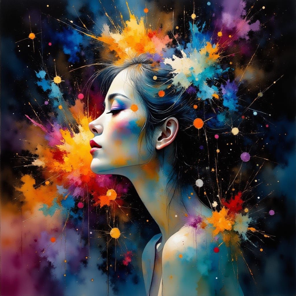 Cosmic Woman in Water-Ink Color Style