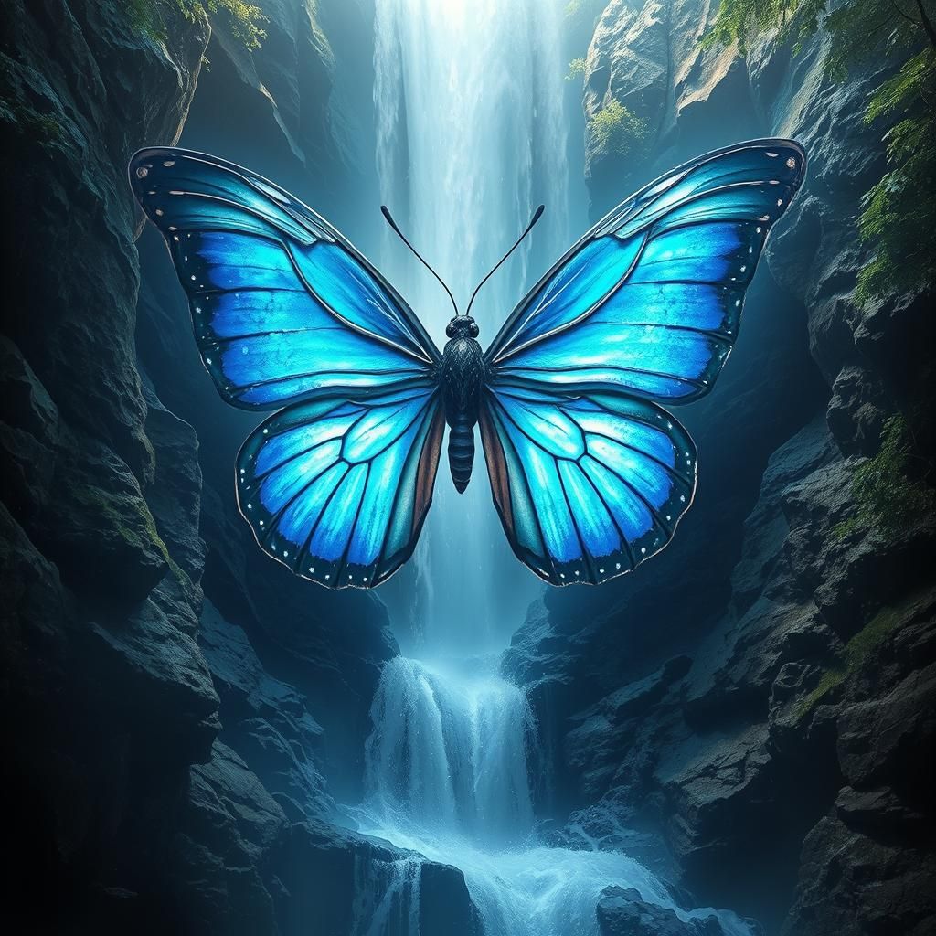 Blue Butterfly Melds with Waterfall: Digital Painting