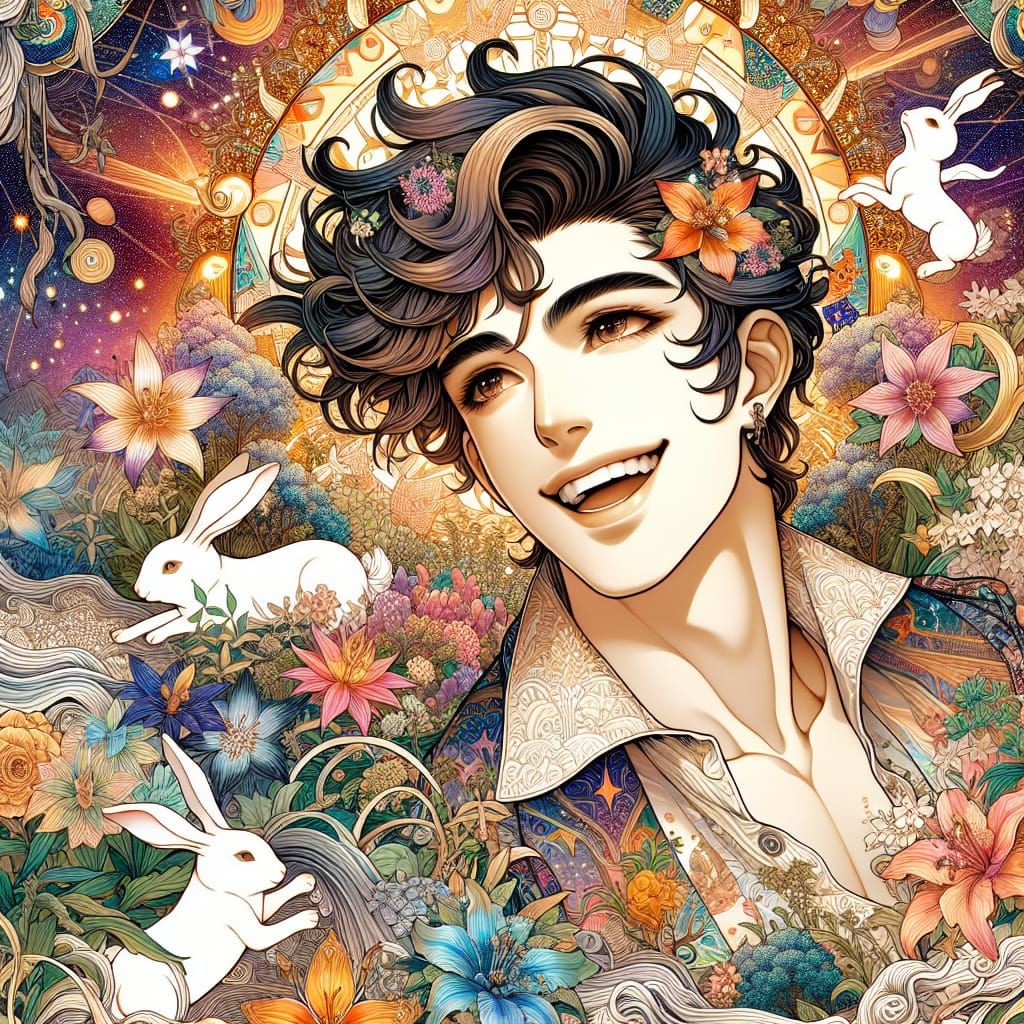 Joyful Rabbit God in Vibrant Celestial Garden