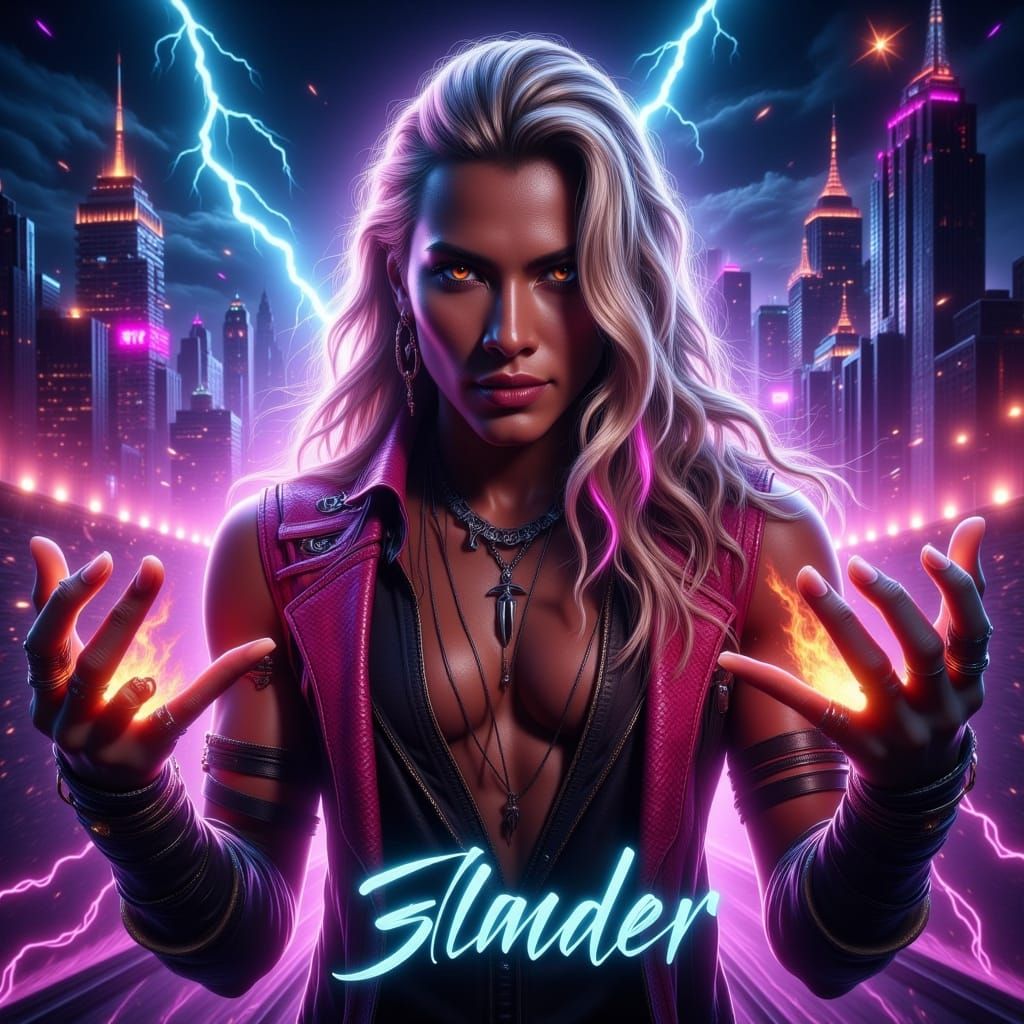 Sorcerer with Magic Flames in a Neon Cityscape