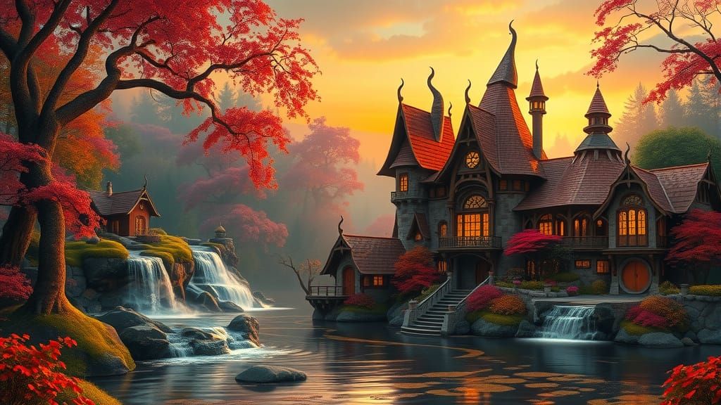 Fantasy Houses by Autumn Waterfall in Kinkade Style