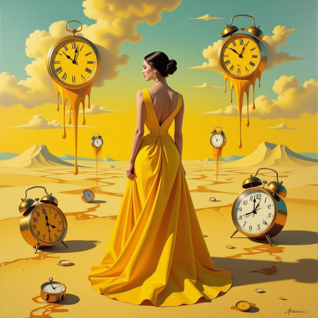 Surreal Yellow Landscape with Melting Clocks