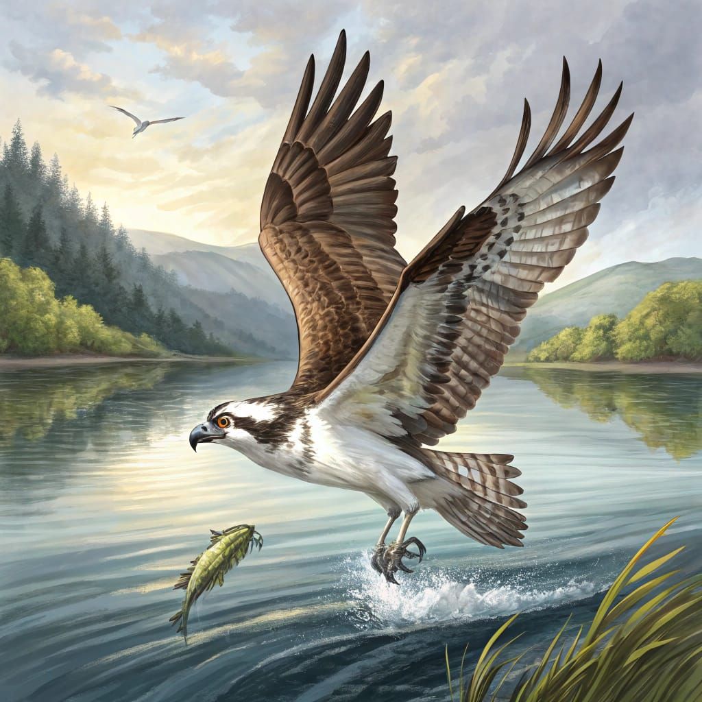 Osprey in Flight Over Serene Lake with Fresh Catch