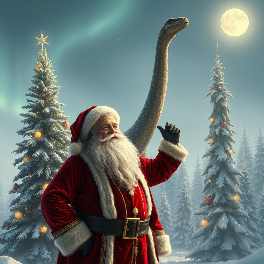 Santa and Diplodocus Christmas Scene in Dreamlike Style