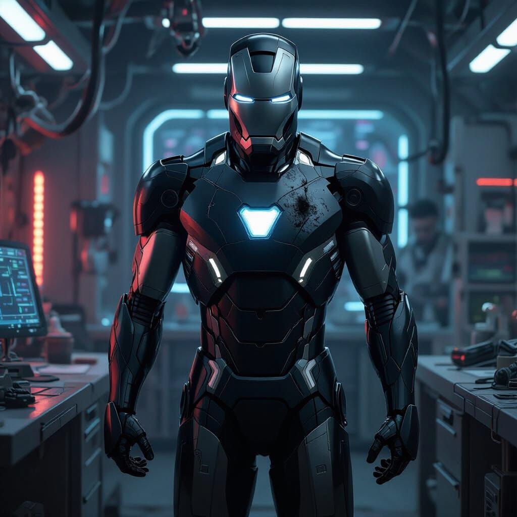 Iron Man in Cyberpunk Lab with Sleek Suit