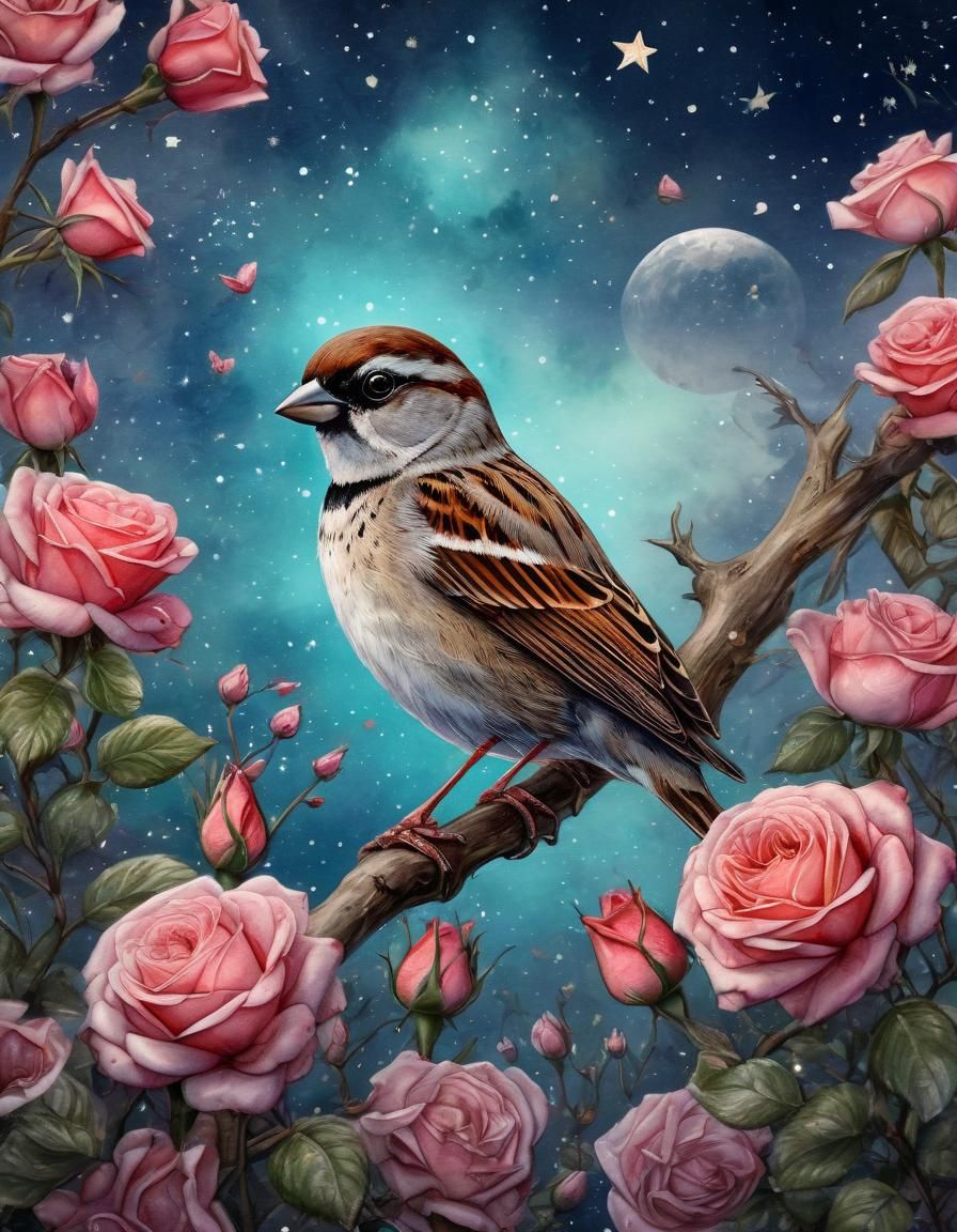 Sparrow in Roses Against Starry Sky, Diamond Watercolor
