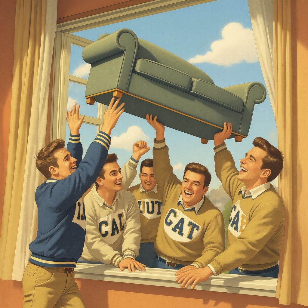 1950s Fraternity Brothers Toss Sofa Out Window in Vintage St...