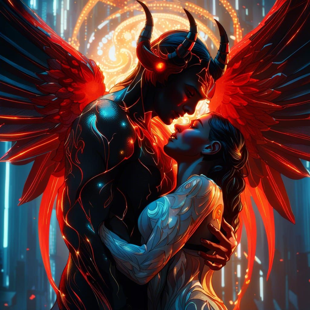 Angel and Devil Embrace in Ominous Light