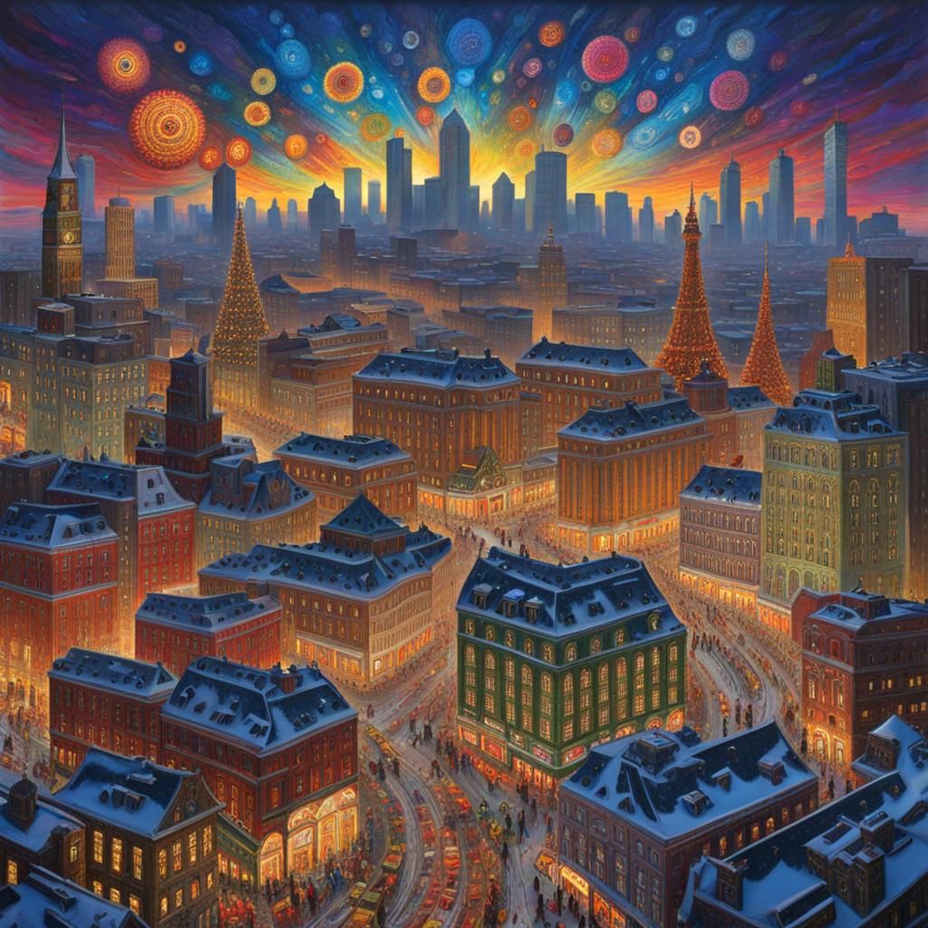 Psychedelic Winter Cityscape in Gouache and Watercolor