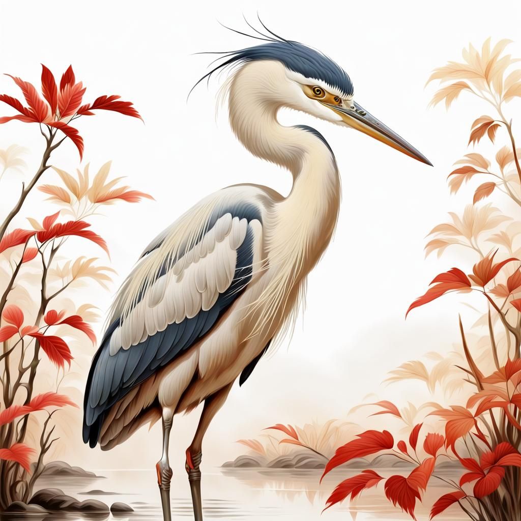 Chinese Heron in Creamy Colors, Airbrush Illustration