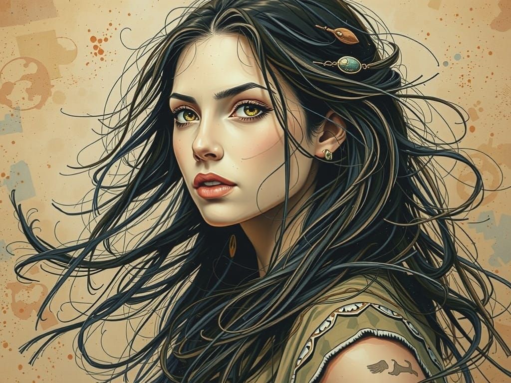 Mysterious Pocahontas Portrayed in Moody Ink Painting