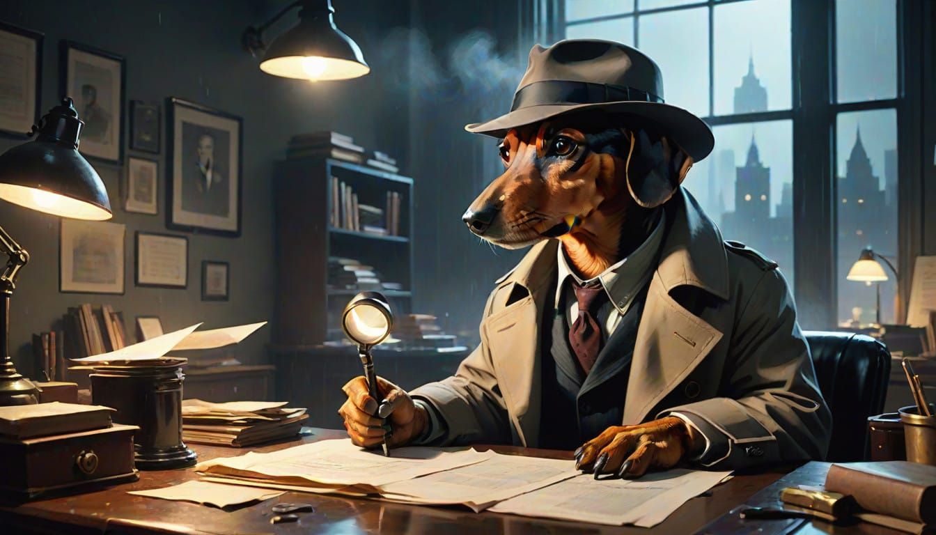 Mysterious Dachshund Detective in Film Noir Office
