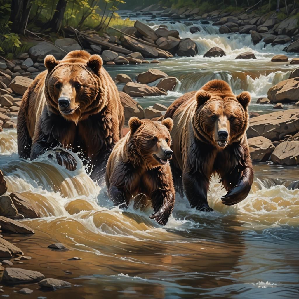 Brown Bears Fishing in Creek: Hyperrealistic Splash Art