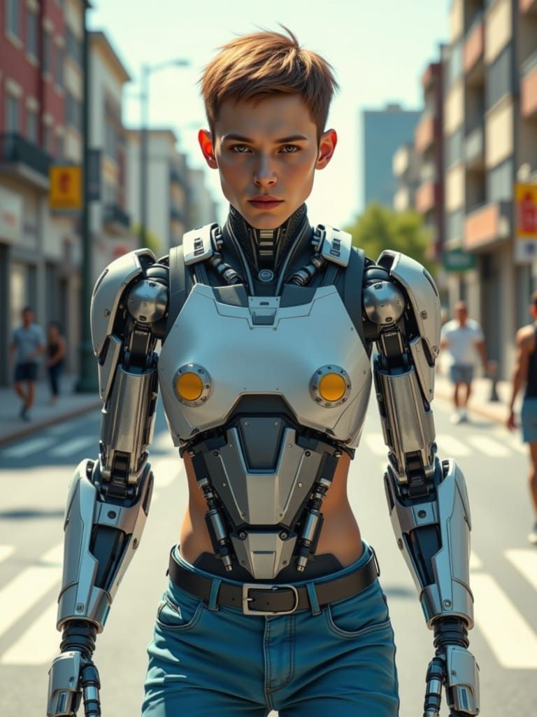 Male Cyberkinetic Cyborg Walking Down Sunlit Street