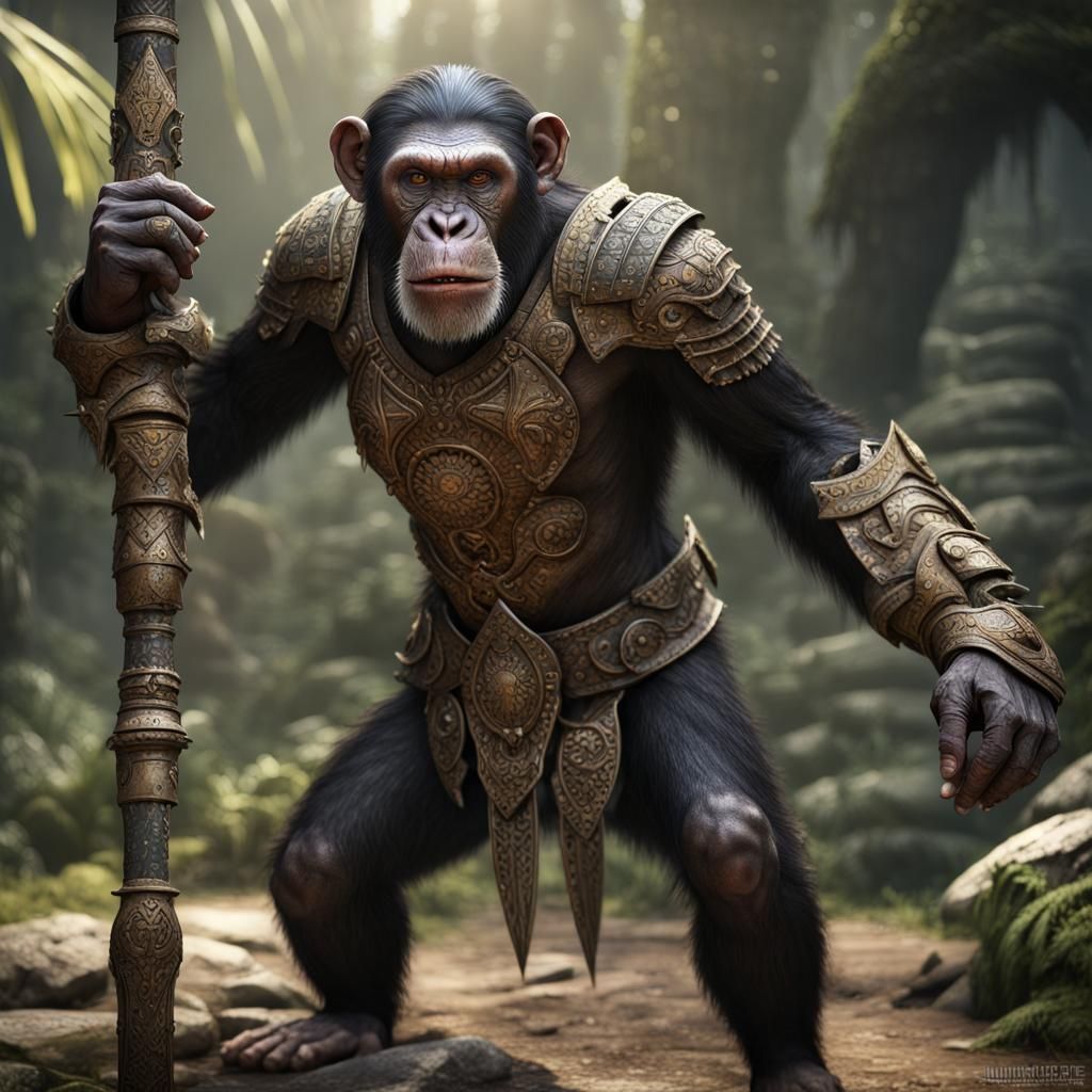 Chimpanzee Warrior in Ancient Jungle Ruins