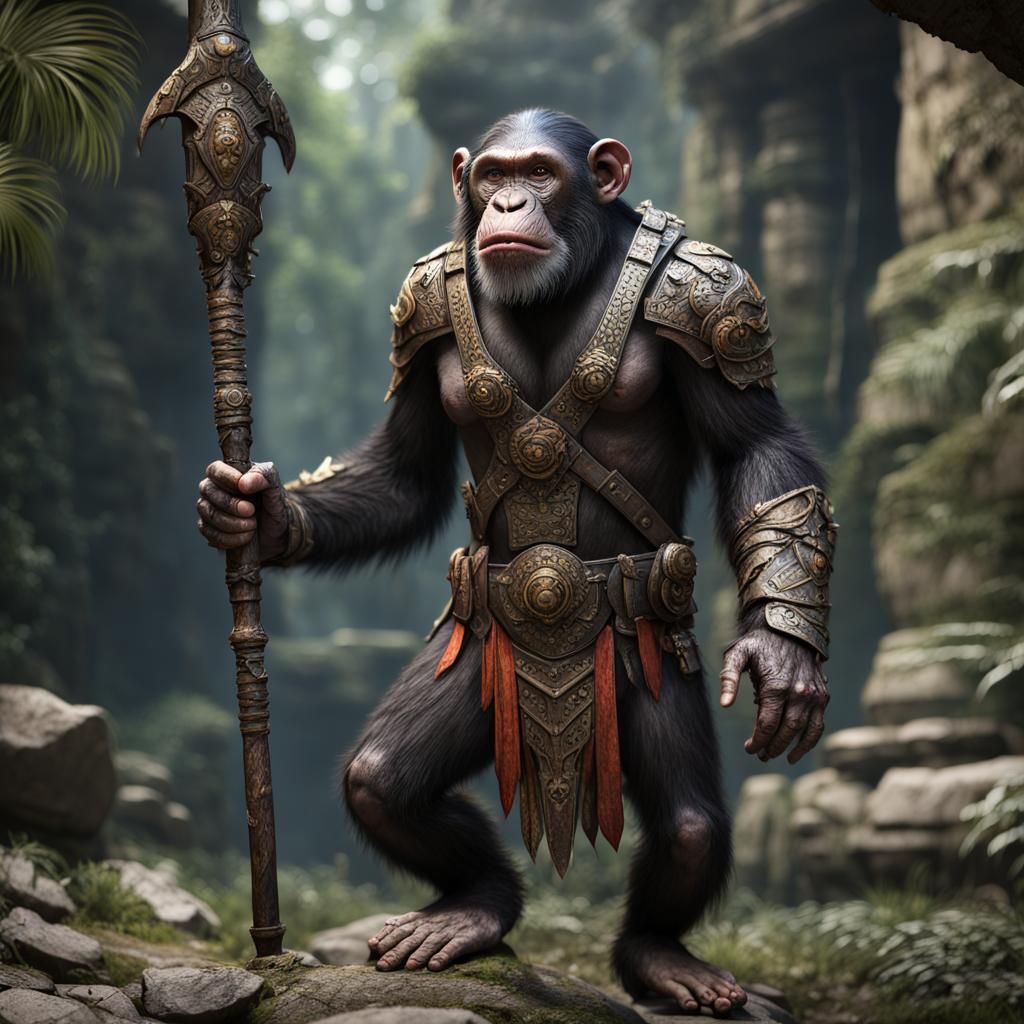 Chimpanzee Warrior in Jungle Ruins