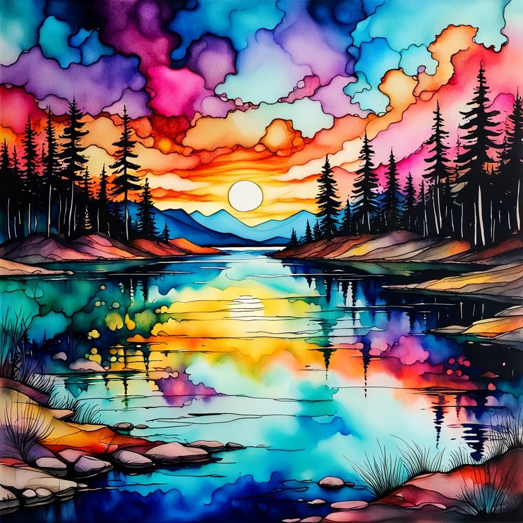Tranquil Lake at Sunset: Alcohol Ink Painting