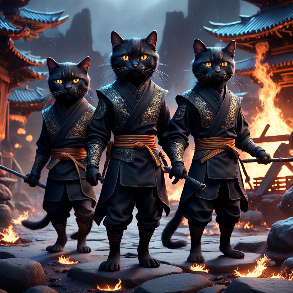 Ninja Cats Around Bonfire: Fantasy Concept Art