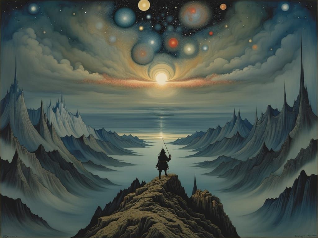 Cosmic Voyager Stands Amidst Starry Galaxies and Nebulae