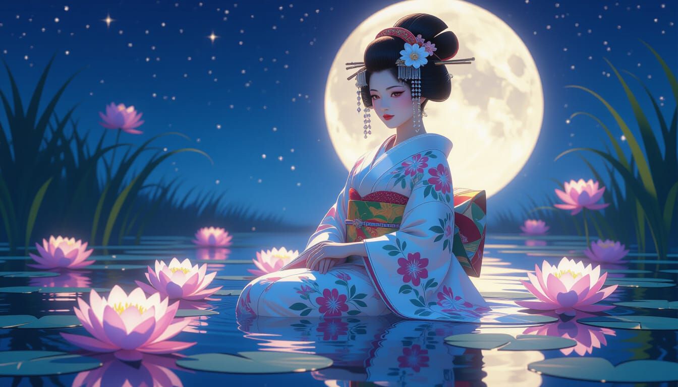 Celestial Geisha in Floral Kimono, Digital Matte Painting