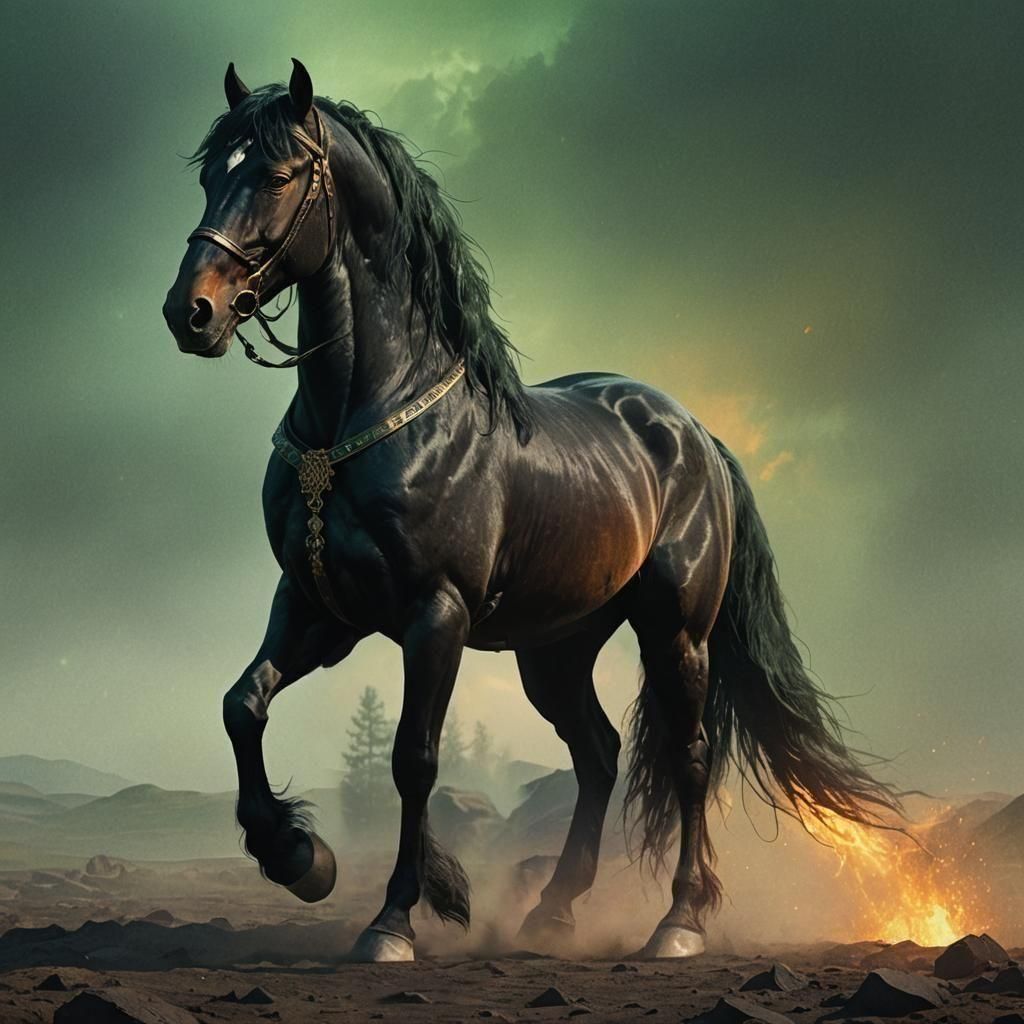 Black Friesian-Mustang War Stallion: Detailed Matte Painting