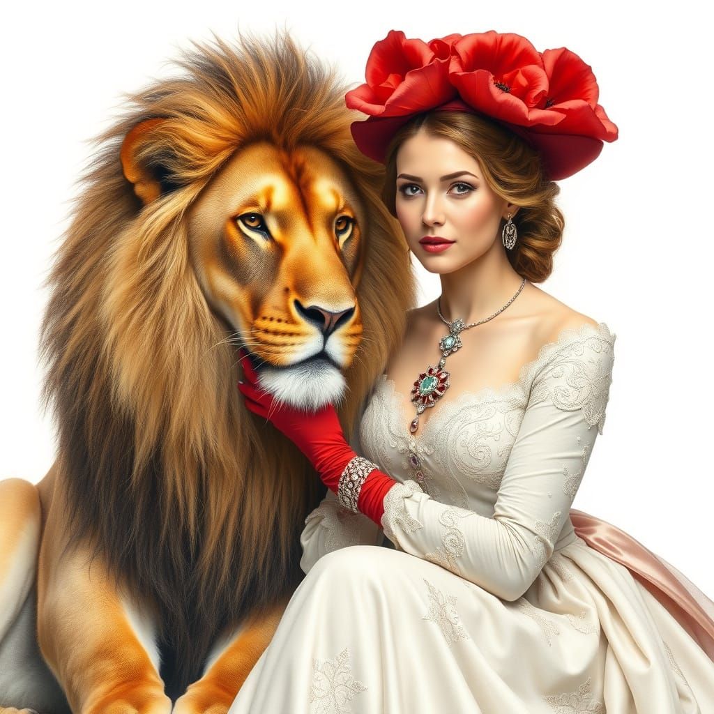 Regal Woman in Elegant Gown Beside Majestic Lion in Dreamy P...