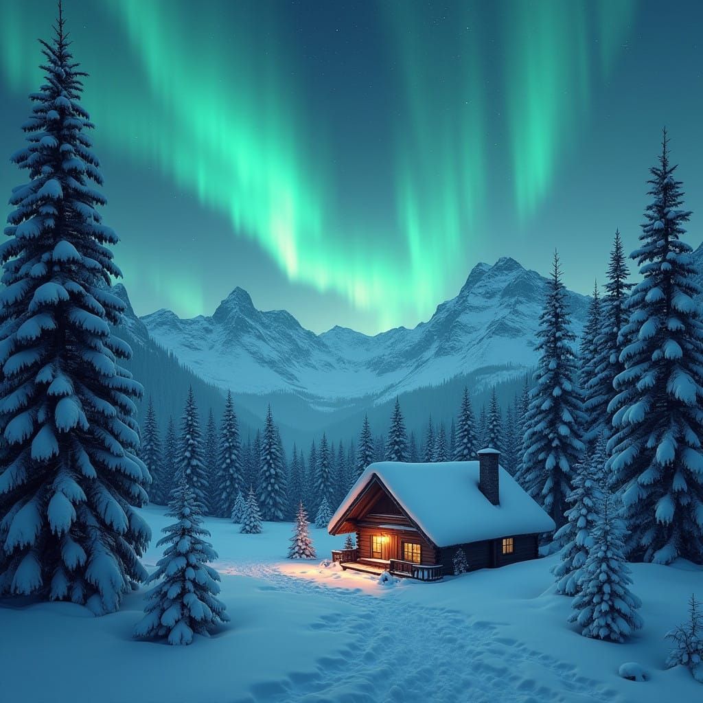 Snowy Mountain Cabin Under Northern Lights