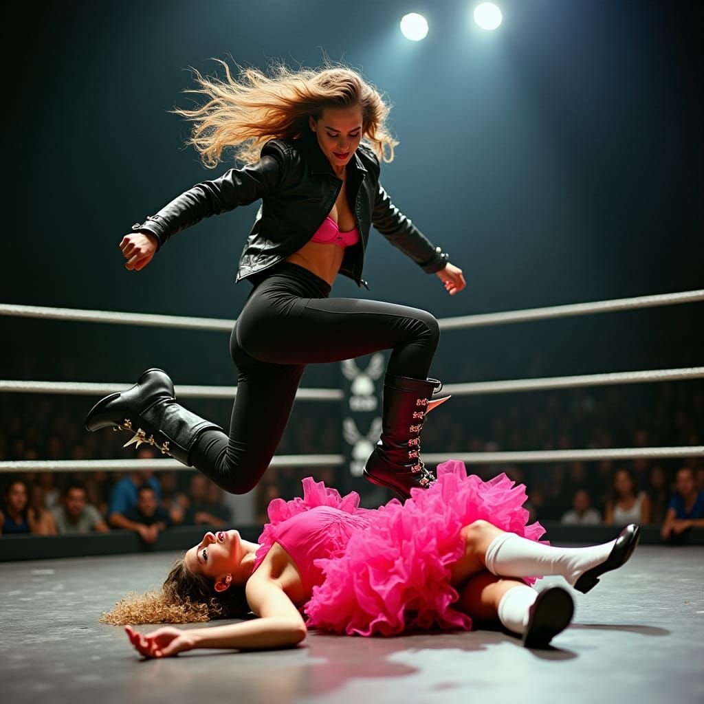 Wrestler Leaping in Dramatic Cinematic Style