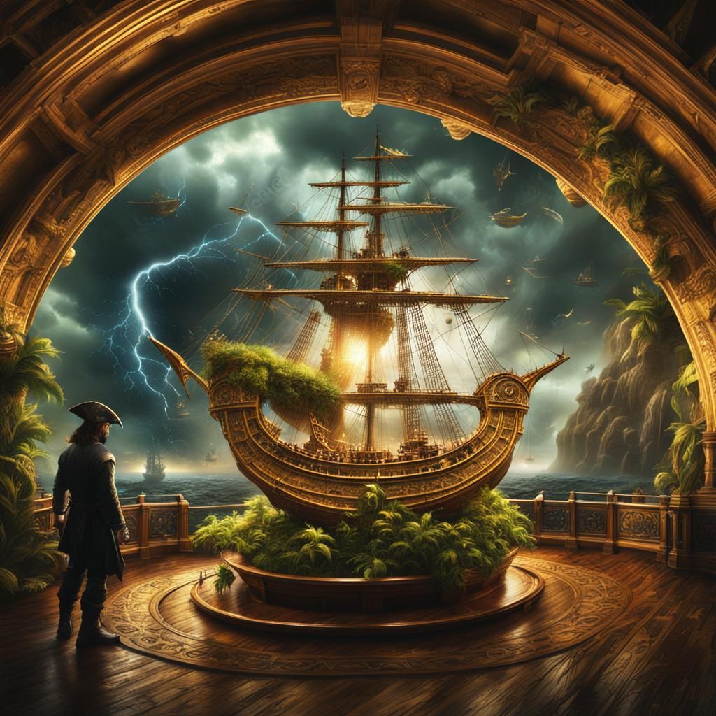 Golden Compass Directs Pirate Ship Battle in Storm