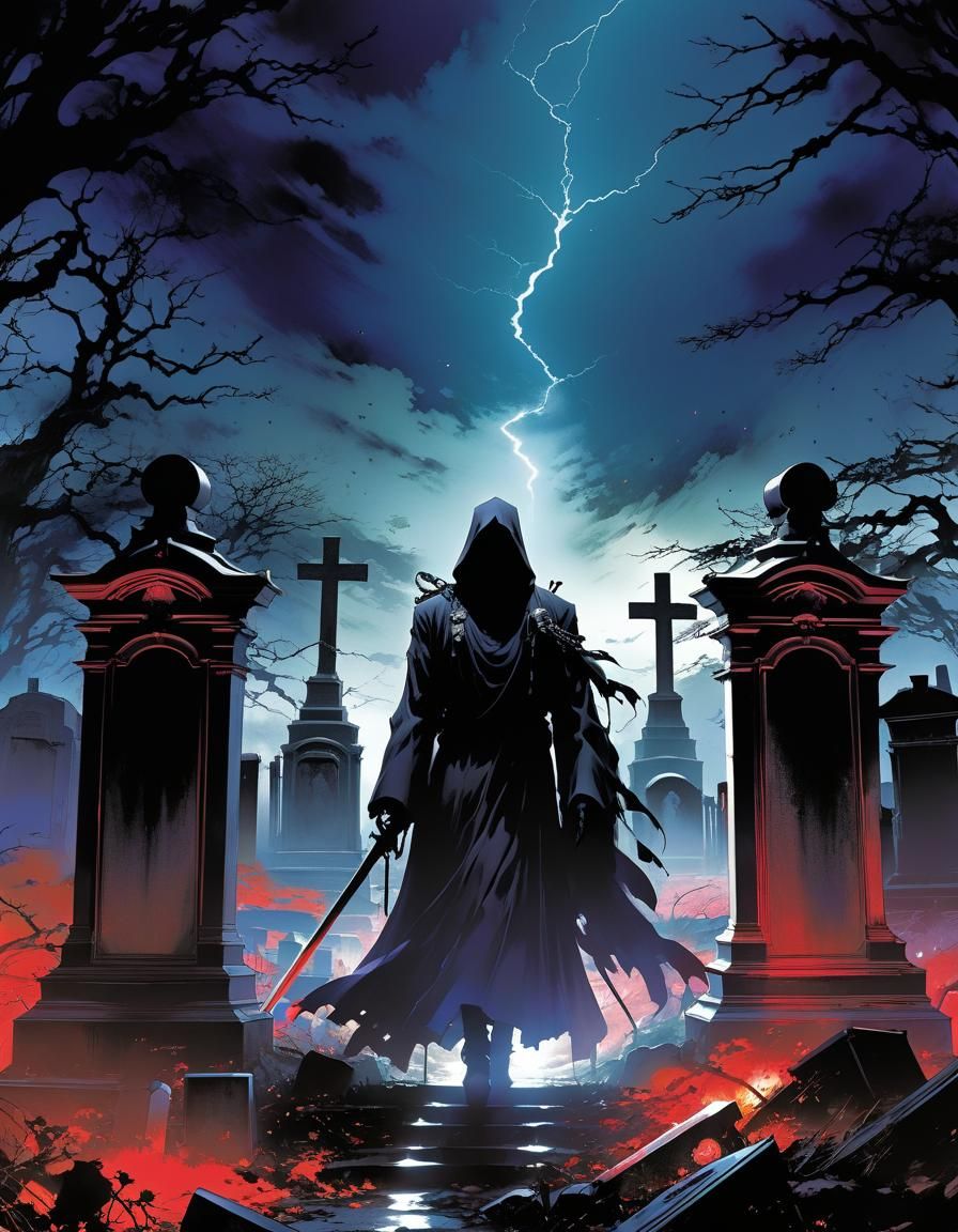 Ghostly Figure in Graveyard: Anime Digital Illustration