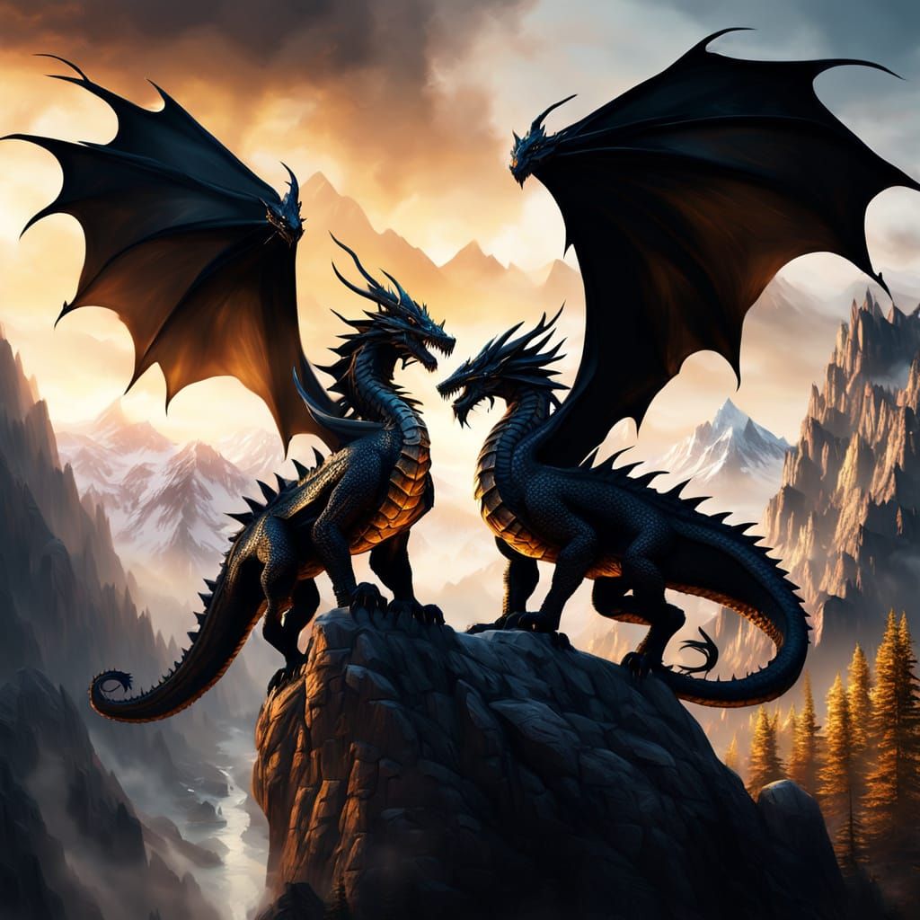 Majestic Black Dragons Soaring Through Mystic Mountains