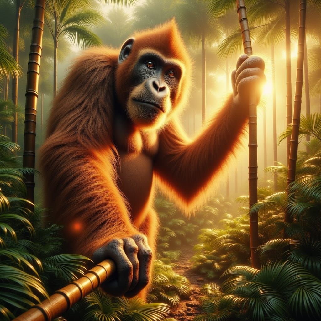 <lora:SuperHyperrealismFlx:1.0> UN SINGE VRAIMENT GEANT MAGNIFIQUE DEBOUT SA TETE SORT DES BAMBOUS  ET TOUCHE LE CIEL,  ...