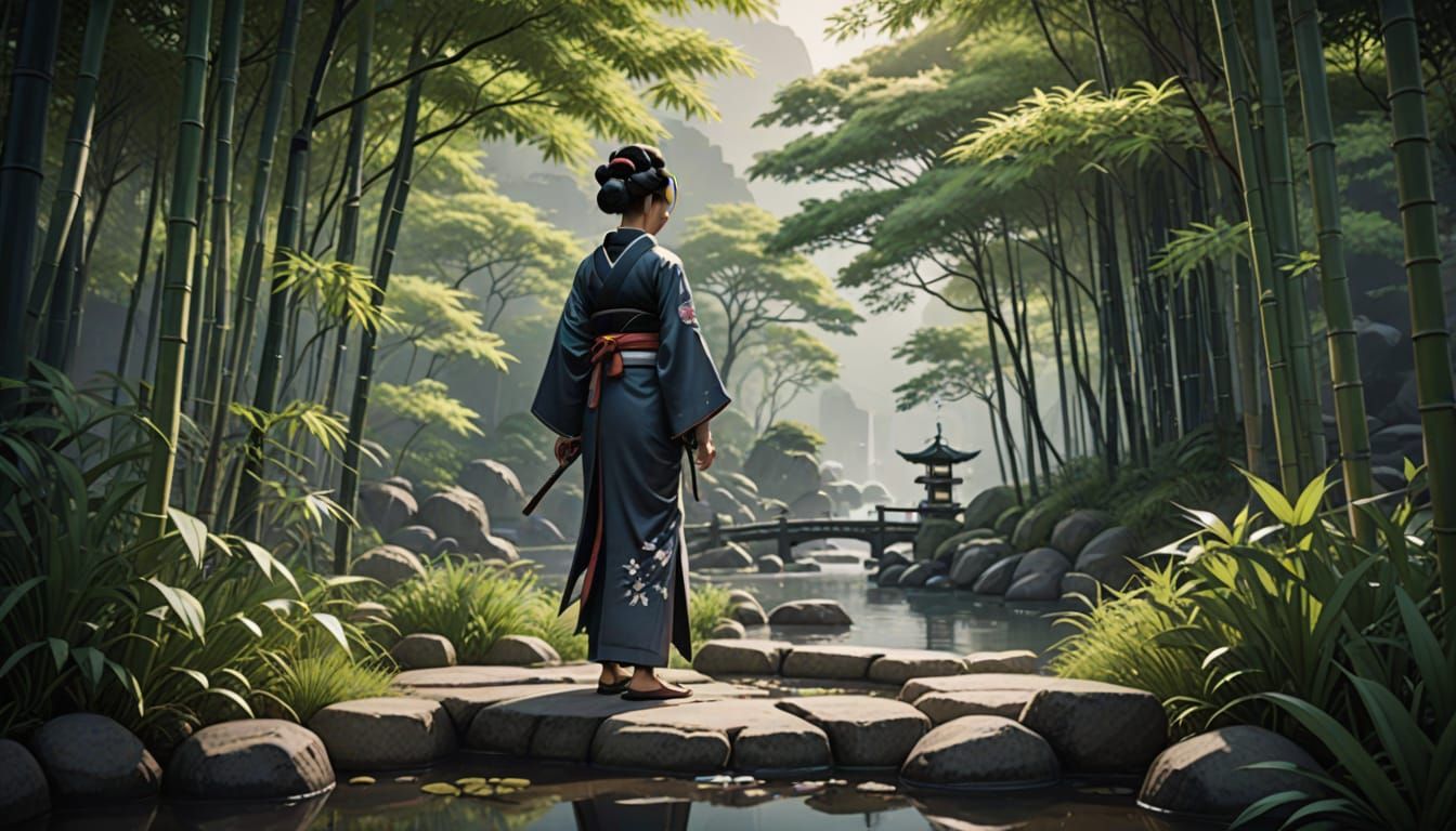 Geisha Calligraphy in Bamboo Garden: Sumi-e Ink Painting