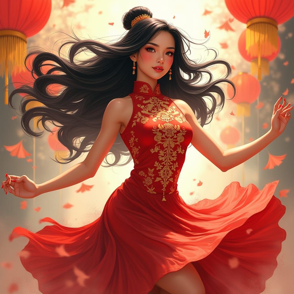 Elegant Asian Dancer in Traditional Festival Setting