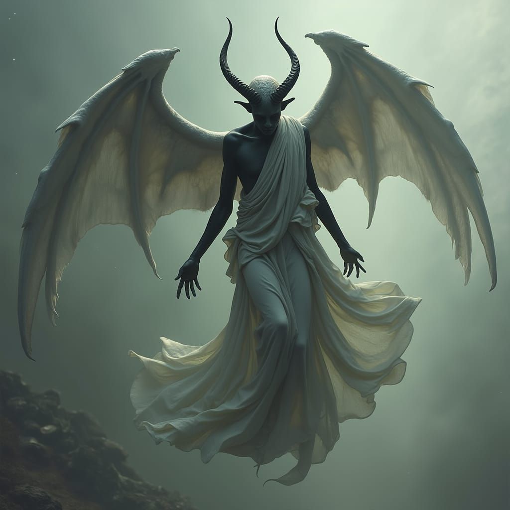 Surreal Angel with Horns and Wings in Dark Romanticism Style