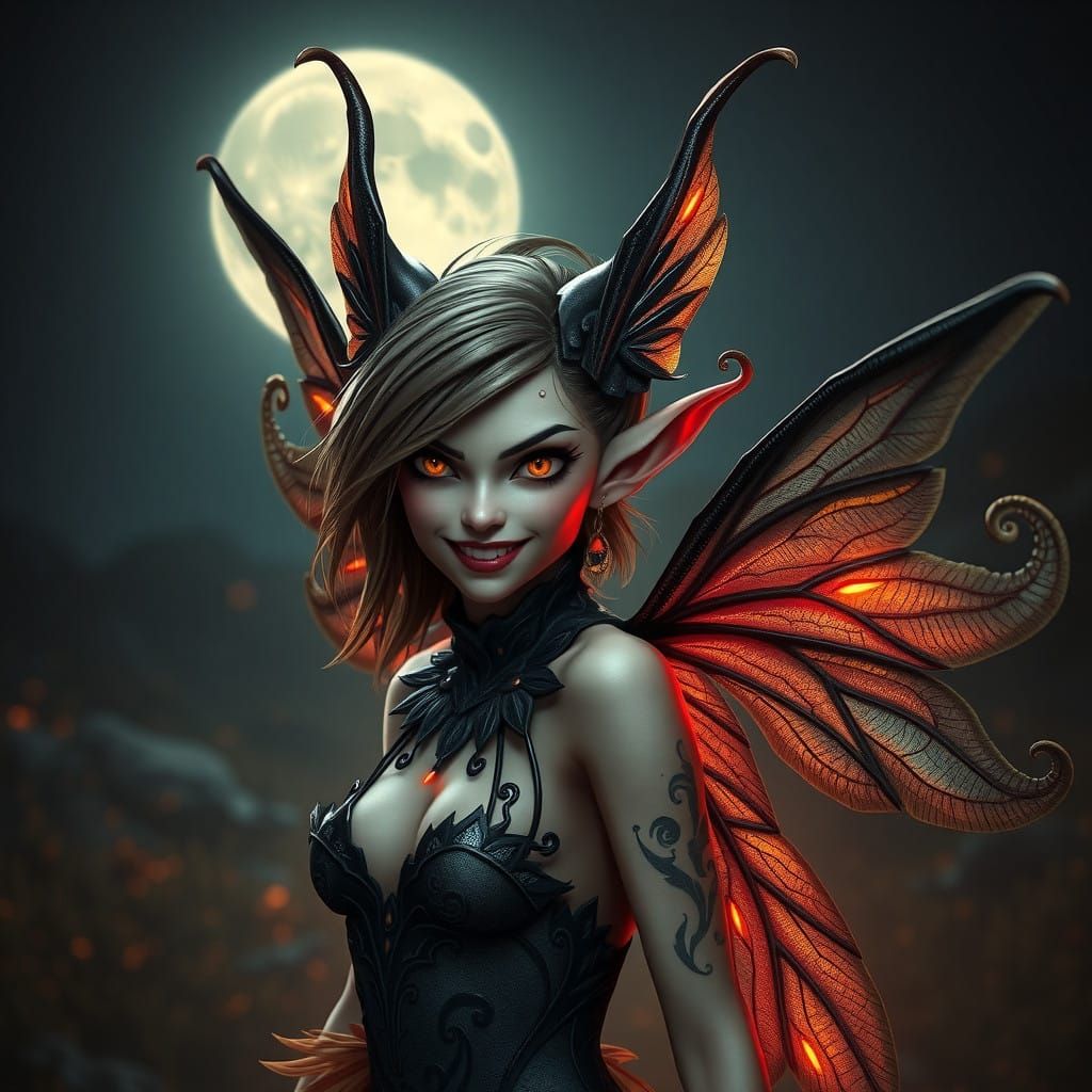 Enchanting yet Sinister Female Pixie in Dark Moonlit Dreamsc...