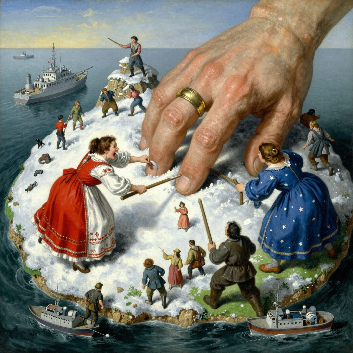 Bosch-Inspired Fantasy: Giant Hand Threatens Island