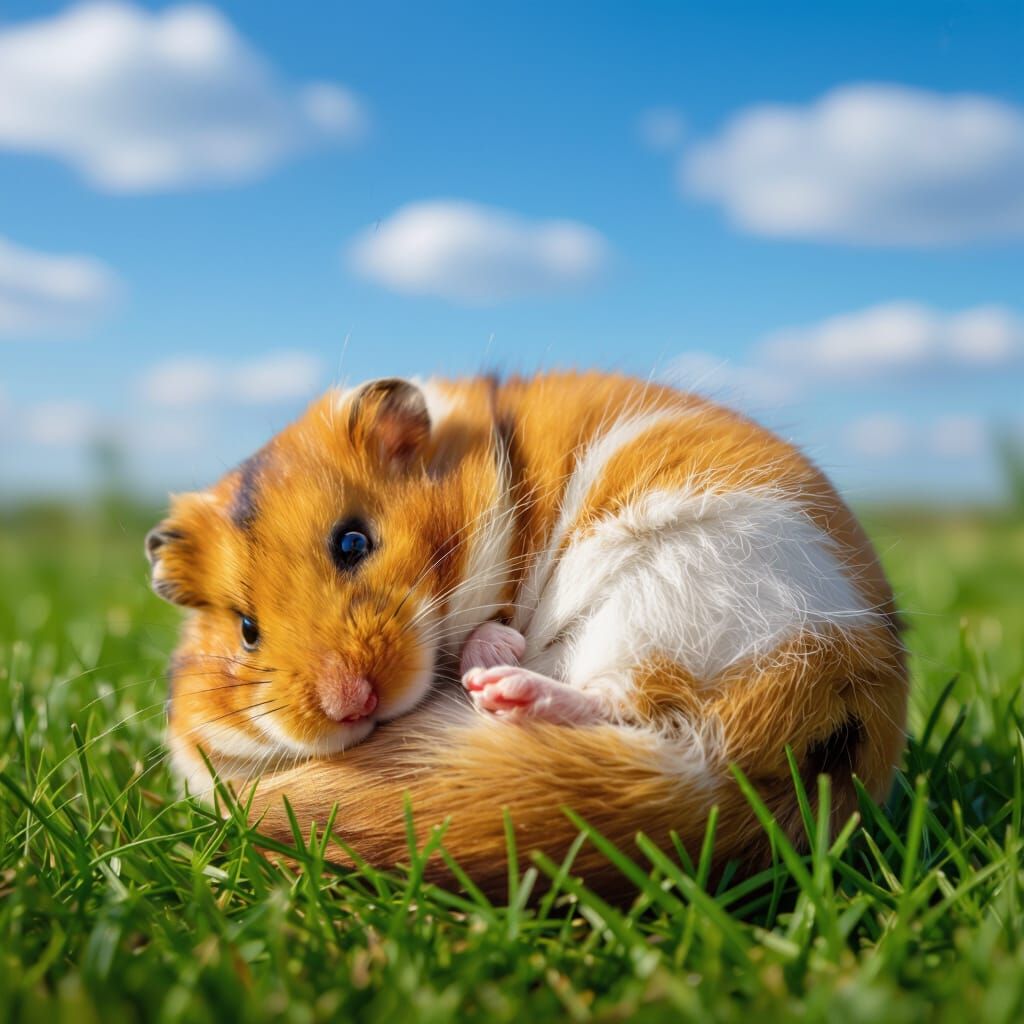 Peaceful Hamster Sleeping in Green Grass Under Blue Sky