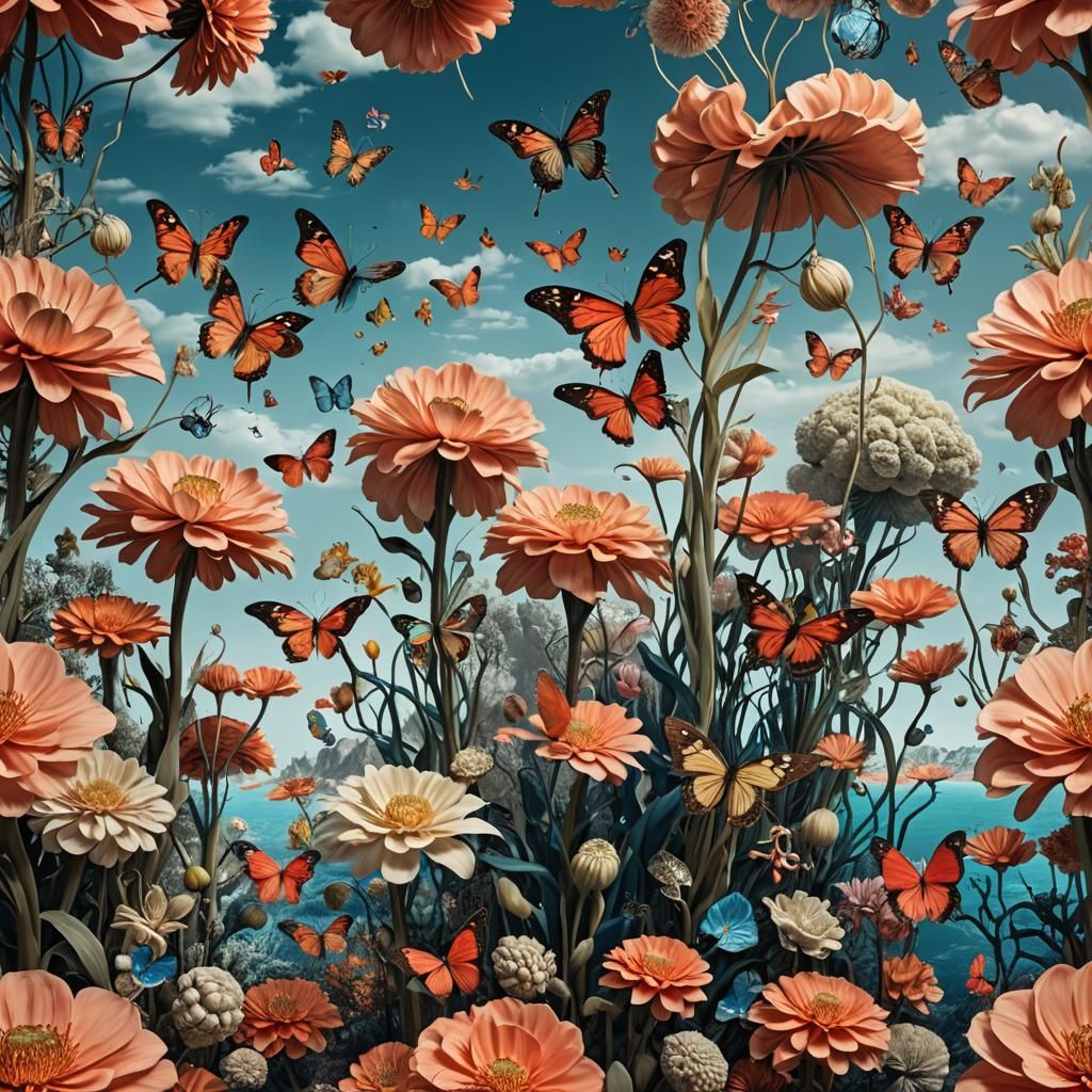 Surreal Floating Islands with Giant Flowers, Dali Style