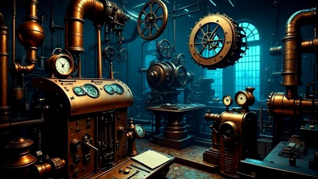 Steampunk Workshop with Intricate Brass Machinery