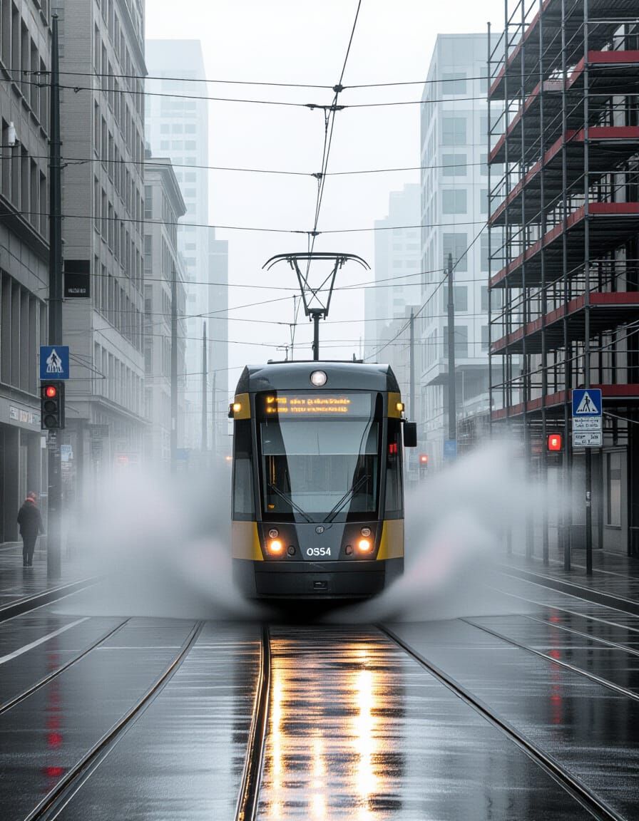 Runaway Tram Streaks Through Misty Cityscape